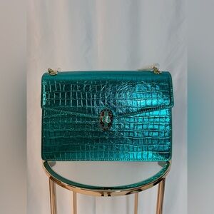 Metallic Teal Crocodile-Embossed Women Bag